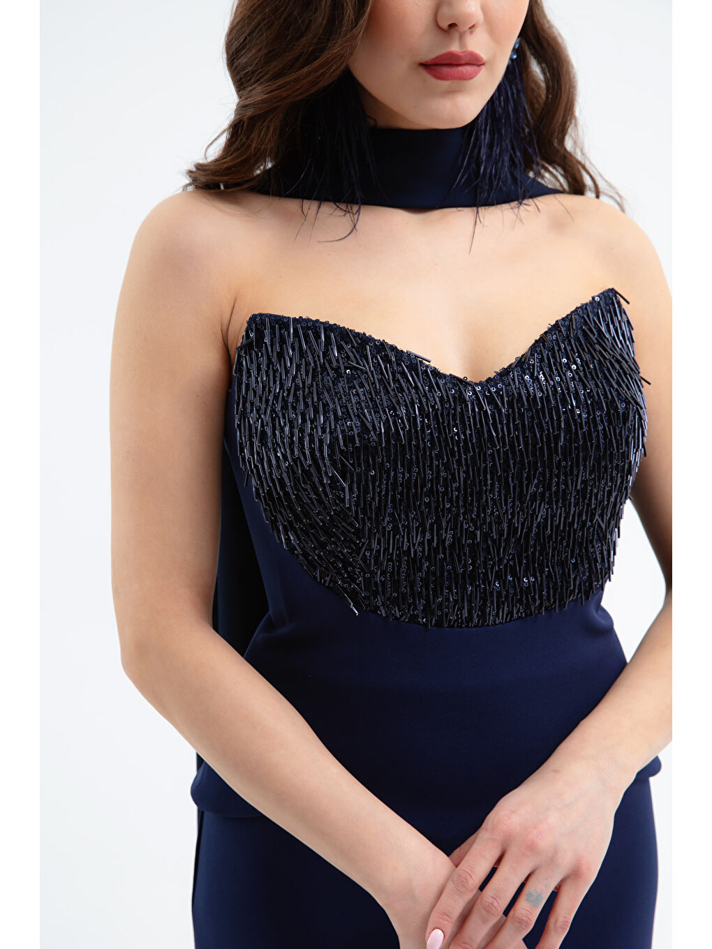 Kadın Lacivert Şal Detaylı Boncuklu Uzun Abiye Elbise-3