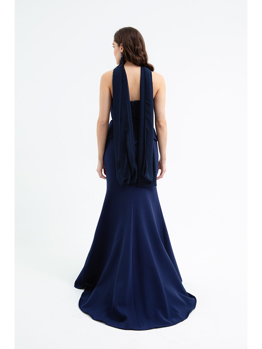 Kadın Lacivert Şal Detaylı Boncuklu Uzun Abiye Elbise-4