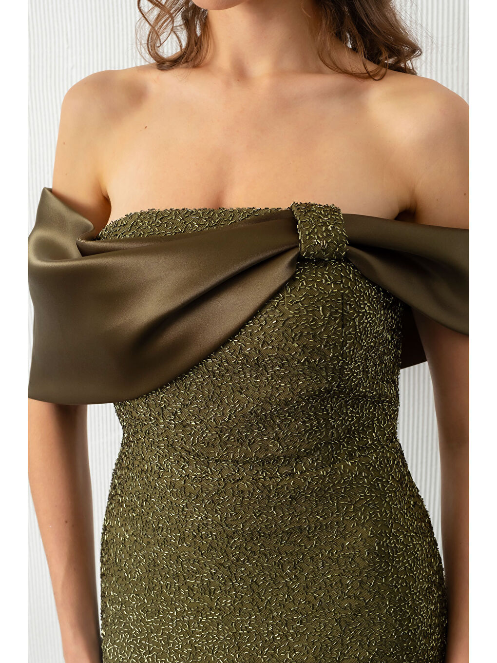 Kadın Haki Yaka Detay Boncuklu Midi Söz Nişan Abiye Elbise-3