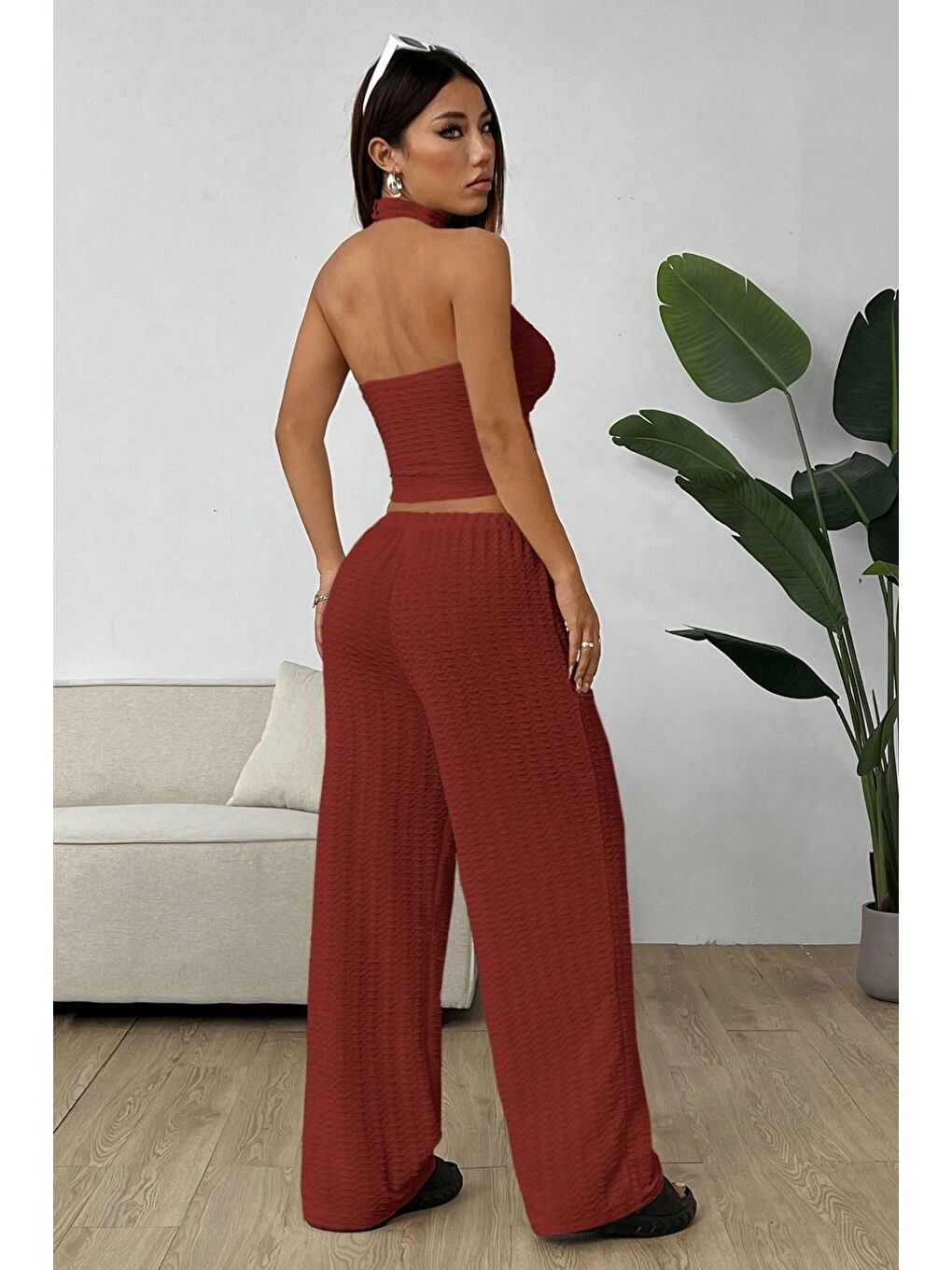 Kahverengi Acı Kahve Örme Kolsuz Sırtı Açık Bel Dar Bluz Pantolon Takım-1