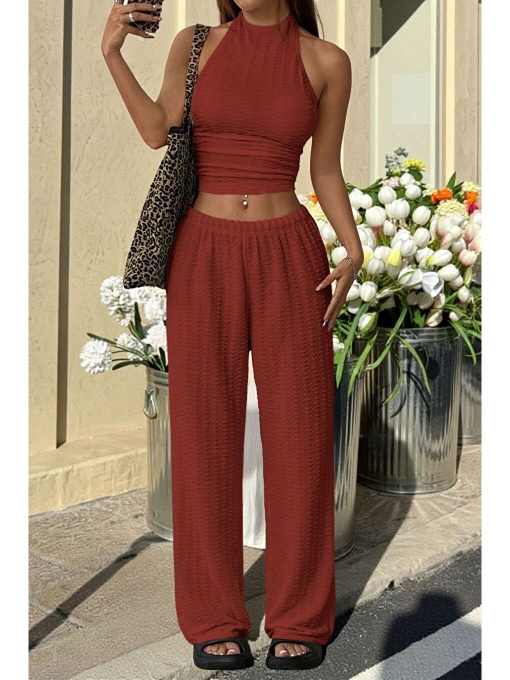 Kahverengi Acı Kahve Örme Kolsuz Sırtı Açık Bel Dar Bluz Pantolon Takım-2