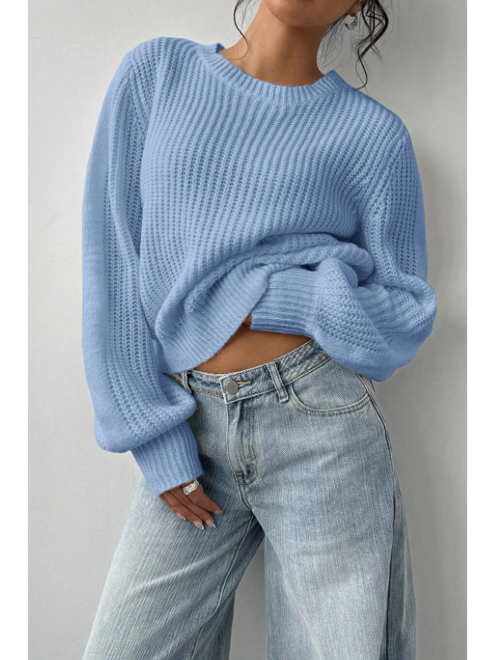 Kadın Mavi Oversize Bisiklet Yaka Balon Kol Fitilli Triko Kazak-2