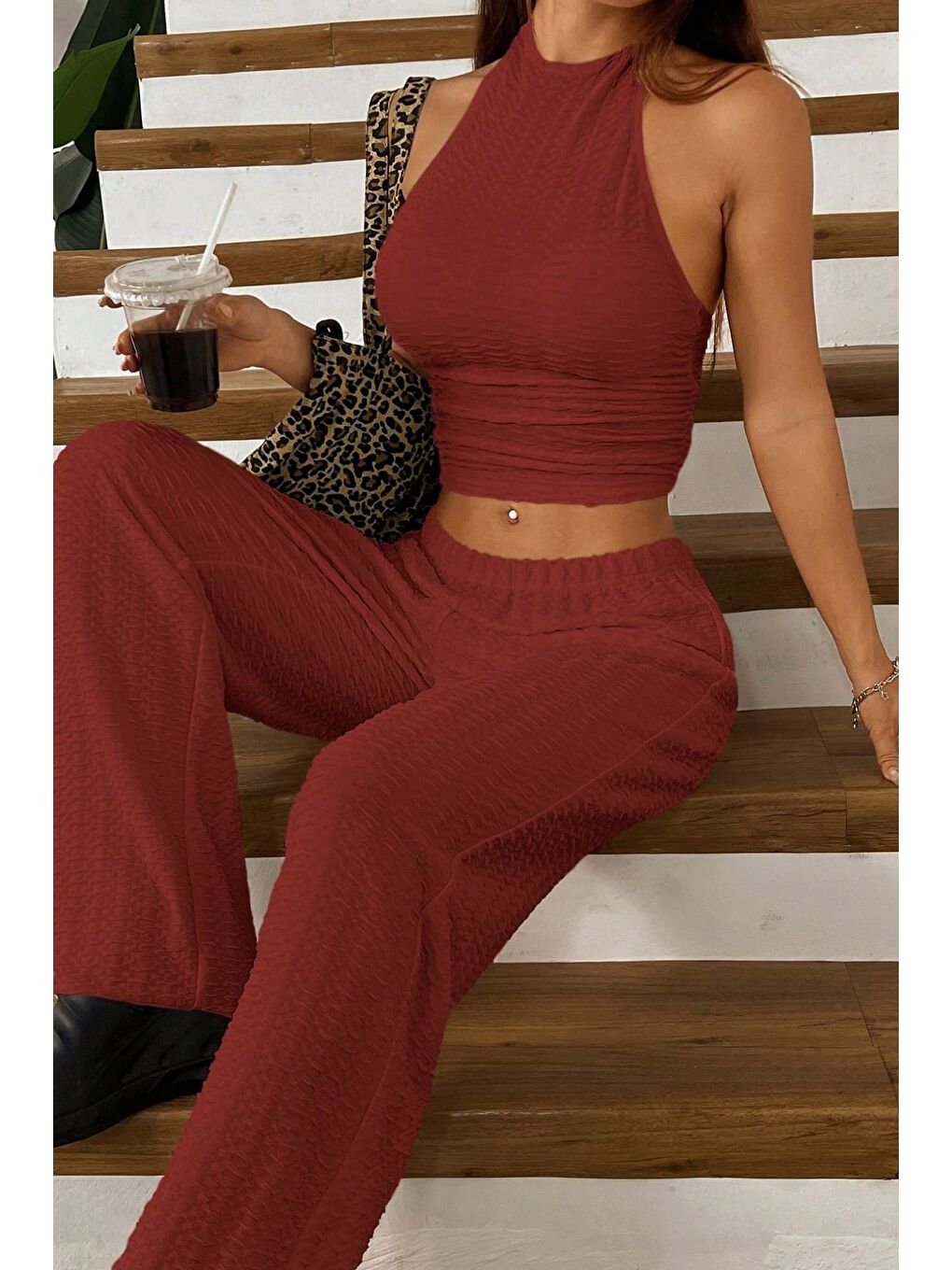 Kahverengi Acı Kahve Örme Kolsuz Sırtı Açık Bel Dar Bluz Pantolon Takım-3