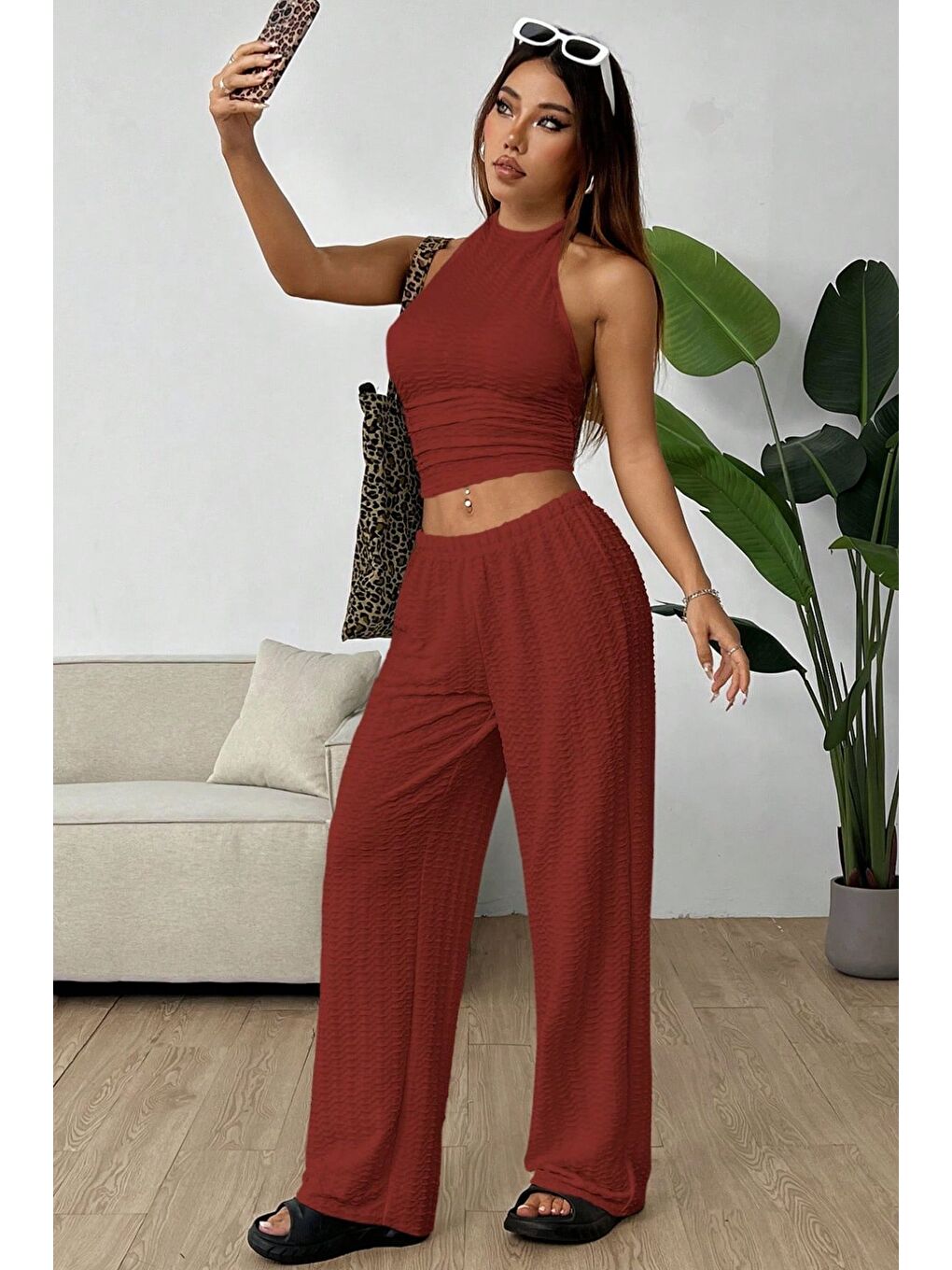 Kahverengi Acı Kahve Örme Kolsuz Sırtı Açık Bel Dar Bluz Pantolon Takım-4