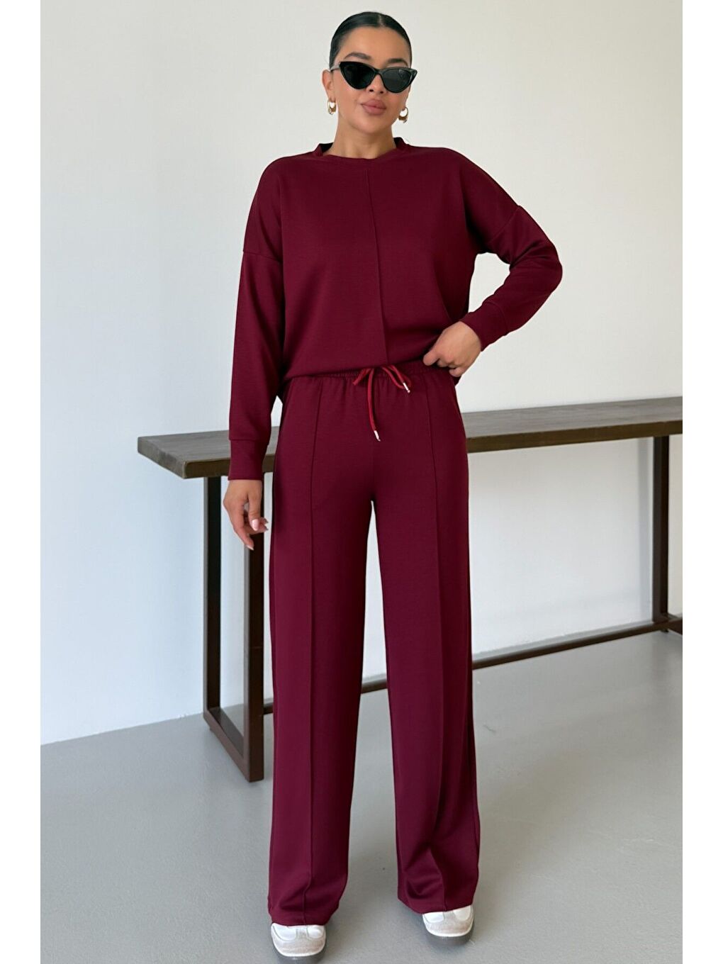 Kadın Bordo Düz Biye Detay Bisiklet Yaka Modal Kumaş Alt-Üst Eşofman Takımı-1