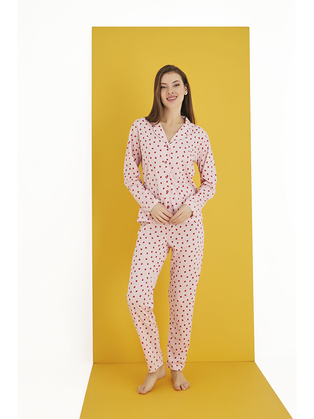 Pembe Pamuklu Düğmeli Pijama Takım 451-40-B-2