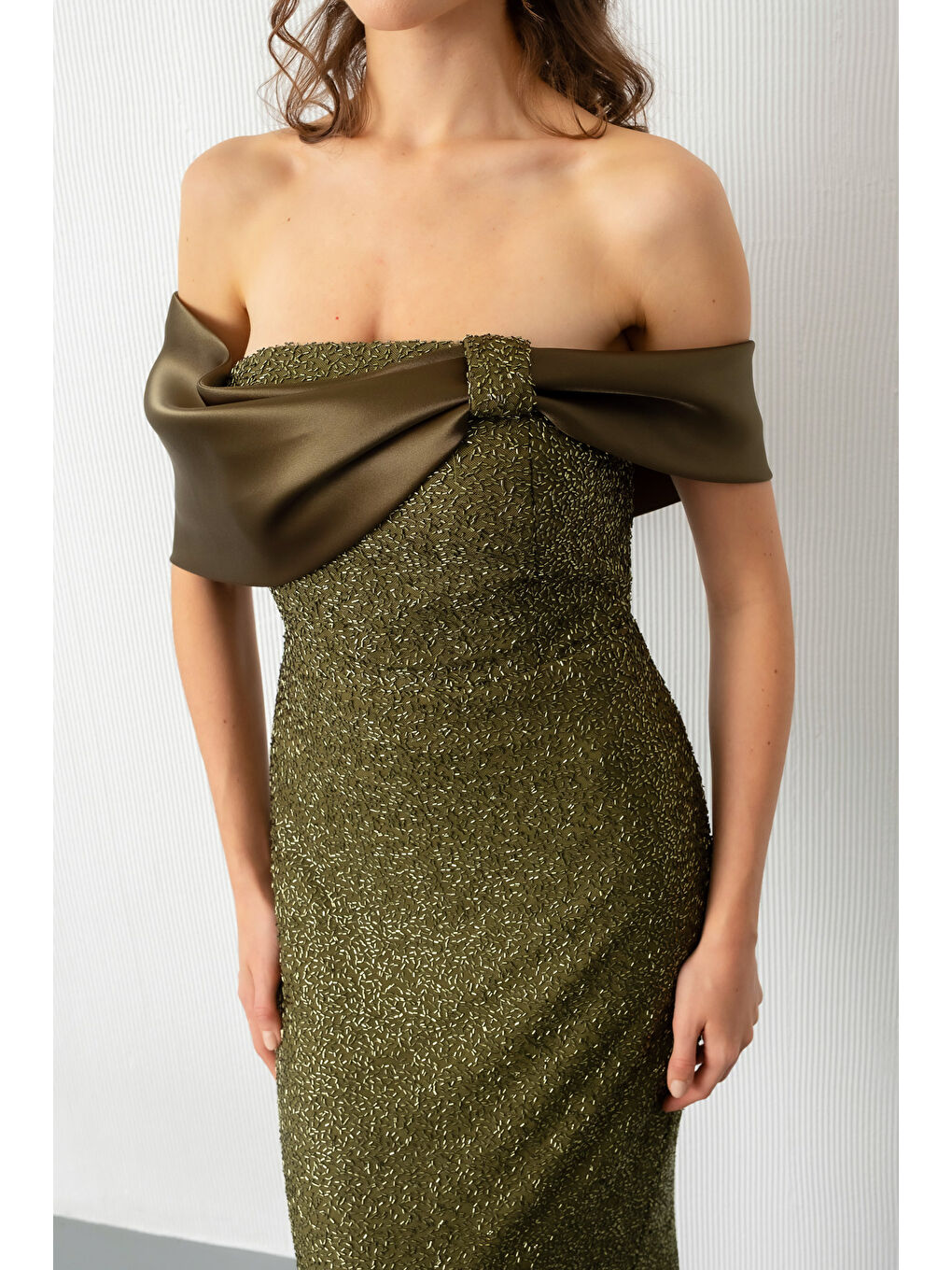 Kadın Haki Yaka Detay Boncuklu Midi Söz Nişan Abiye Elbise-4