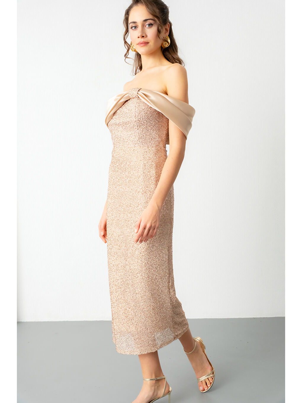 Kadın Bej Yaka Detay Boncuklu Midi Söz Nişan Abiye Elbise-2