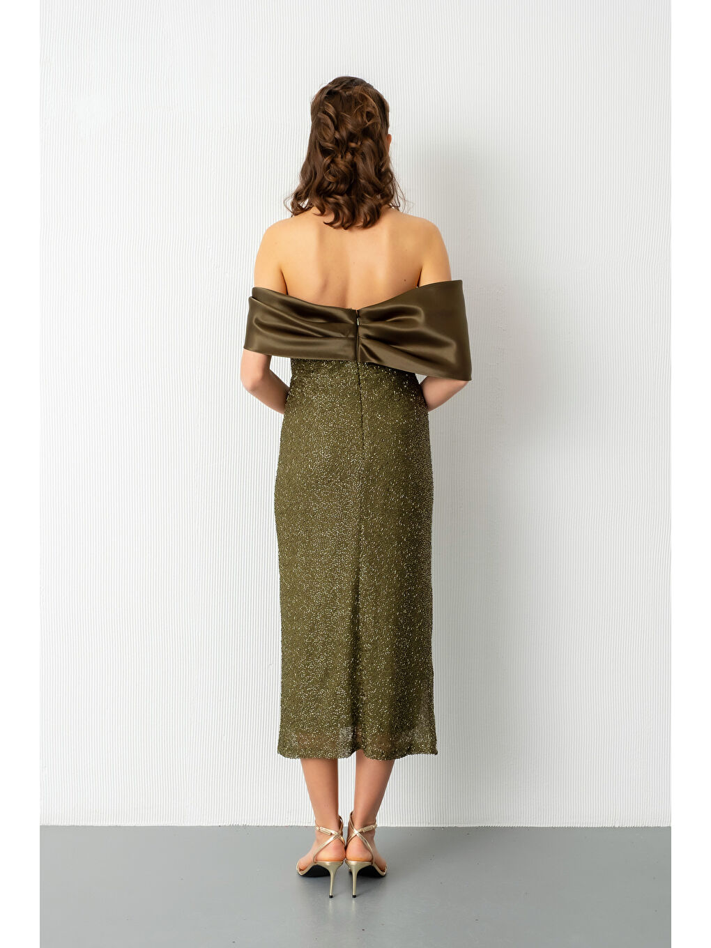 Kadın Haki Yaka Detay Boncuklu Midi Söz Nişan Abiye Elbise-5