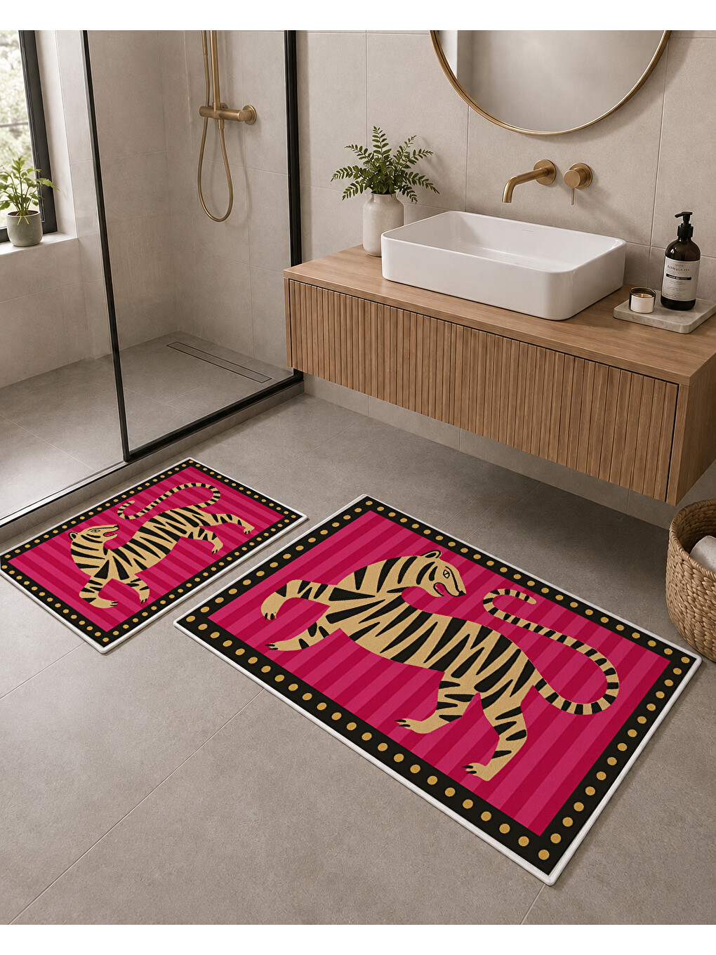Fuşya Yeşil Kaplan Desenli Kaymaz Taban Banyo Paspası 2’li Set-2