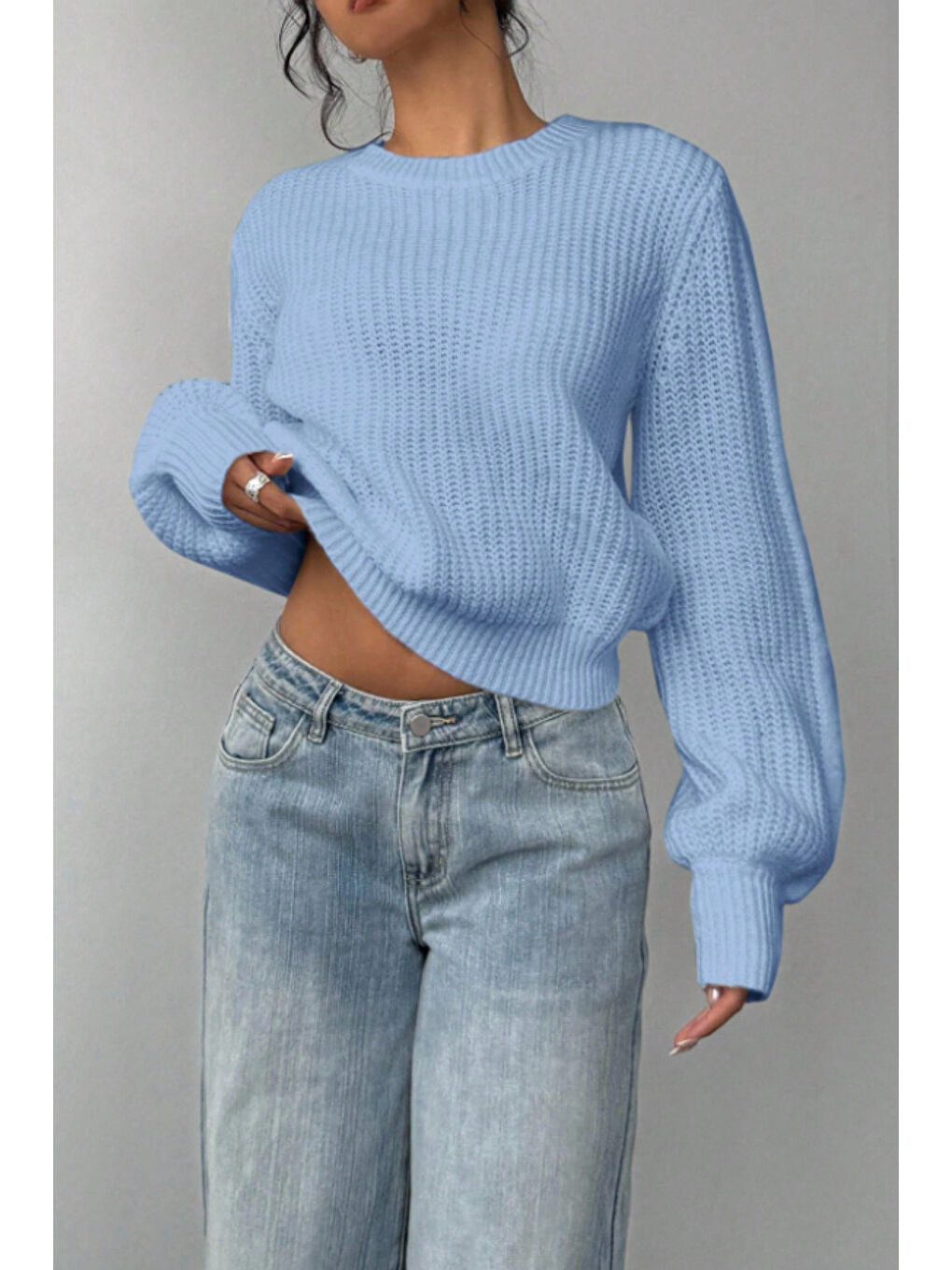 Kadın Mavi Oversize Bisiklet Yaka Balon Kol Fitilli Triko Kazak-3