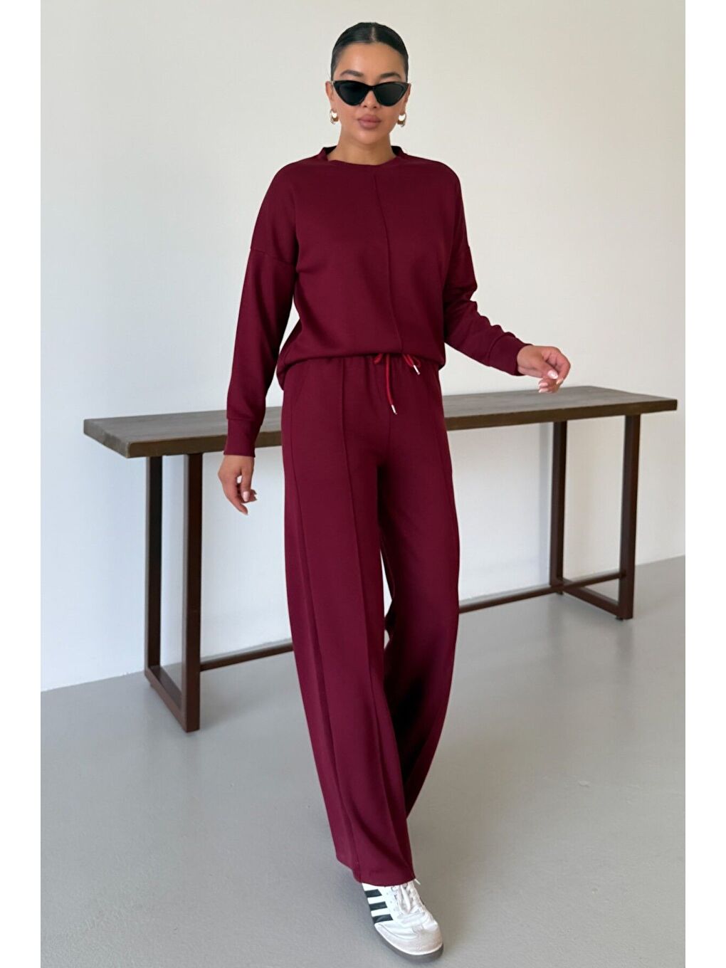 Kadın Bordo Düz Biye Detay Bisiklet Yaka Modal Kumaş Alt-Üst Eşofman Takımı-3