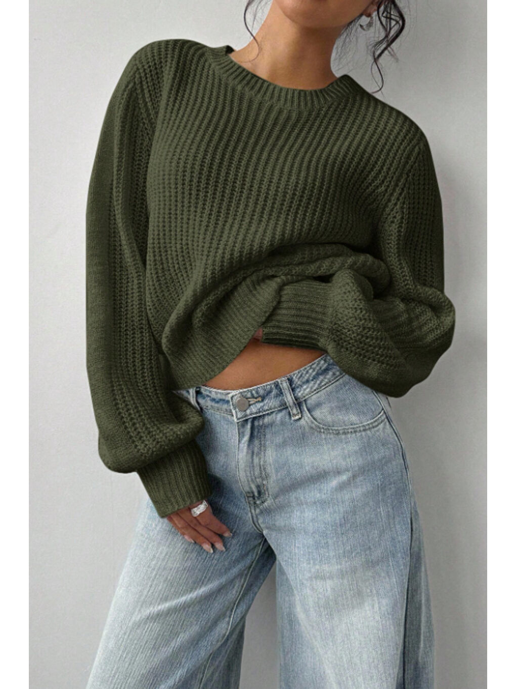 Kadın Haki Oversize Bisiklet Yaka Balon Kol Fitilli Triko Kazak-1