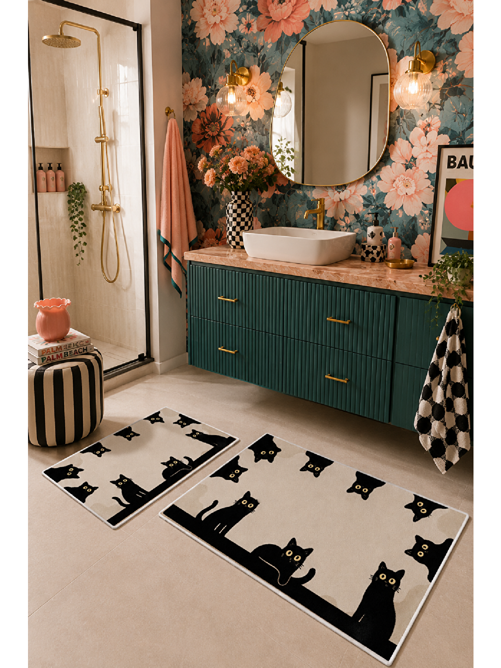 Bej Siyah Kedi Desenli Kaymaz Taban Banyo Paspası 2’li Set-3
