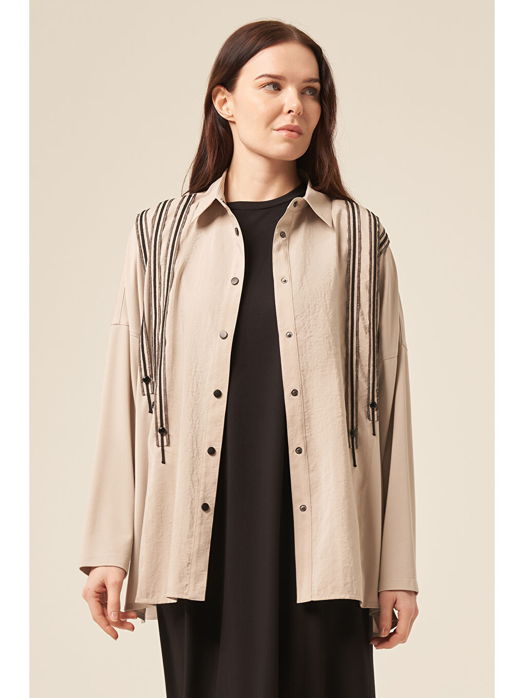 Bej Önü Dikiş Detaylı Bambu Tunik Çıtçıtlı Gömlek 5171 Taş