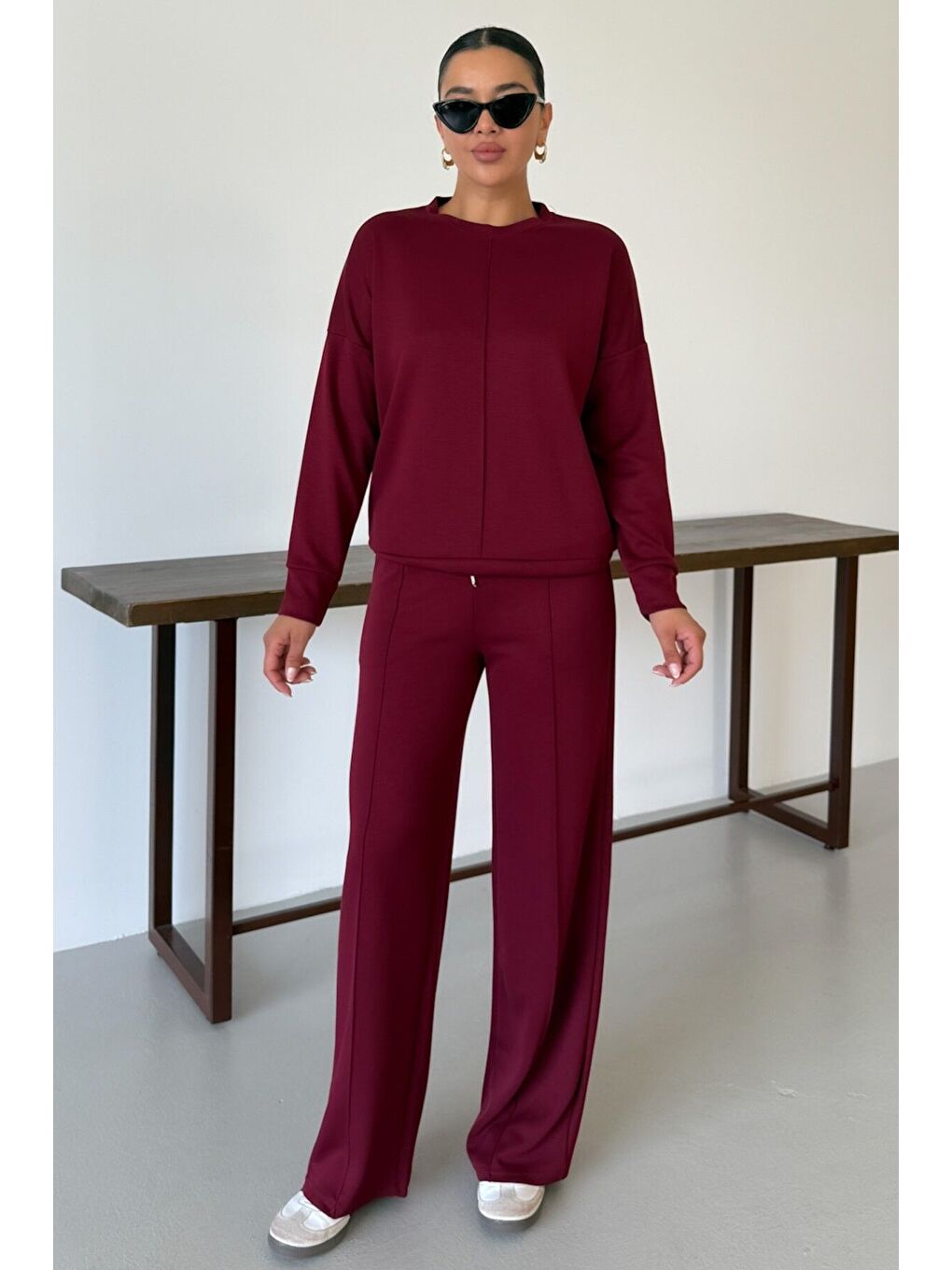 Kadın Bordo Düz Biye Detay Bisiklet Yaka Modal Kumaş Alt-Üst Eşofman Takımı-4
