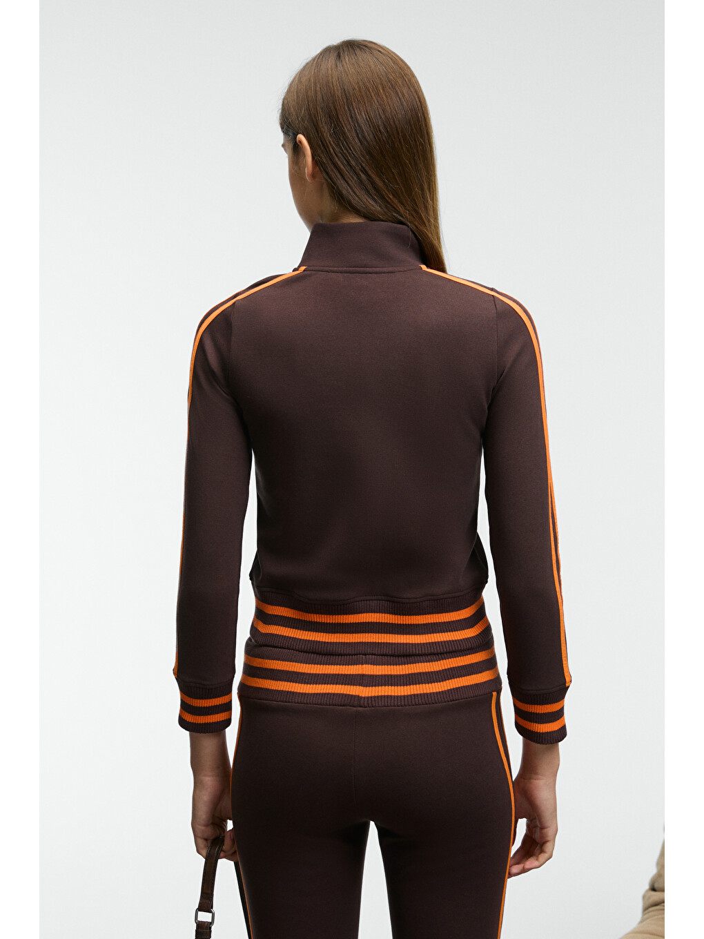 Talysse Kadın Fermuarlı Dik Yakalı Etek Ucu Manşetli Trikolu Kahverengi Sweatshirt-4