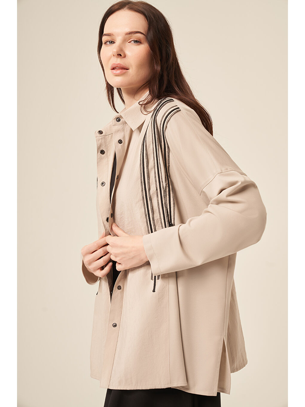 Bej Önü Dikiş Detaylı Bambu Tunik Çıtçıtlı Gömlek 5171 Taş-1