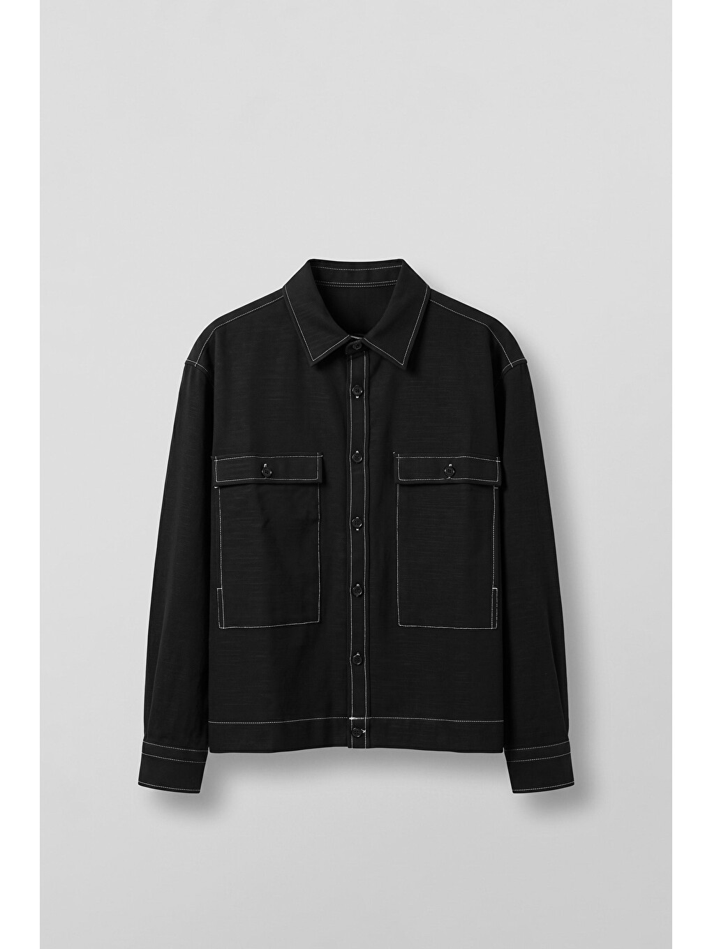 Erkek Boxy Fit Kontrast Dikişli Pamuklu Overshirt Gömlek Siyah
