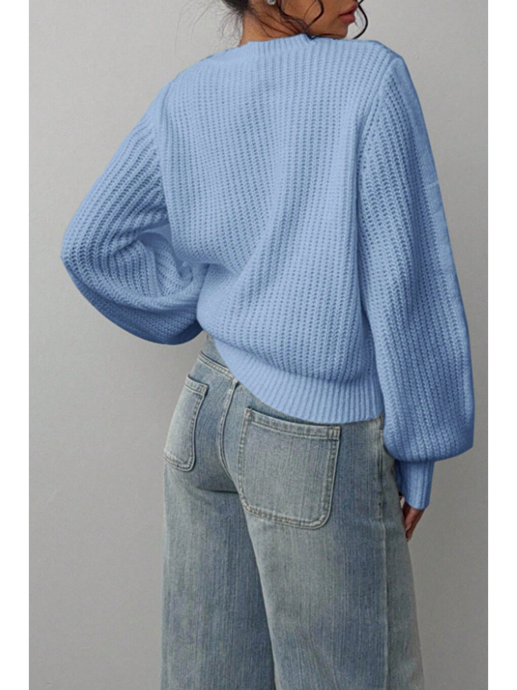 Kadın Mavi Oversize Bisiklet Yaka Balon Kol Fitilli Triko Kazak-4