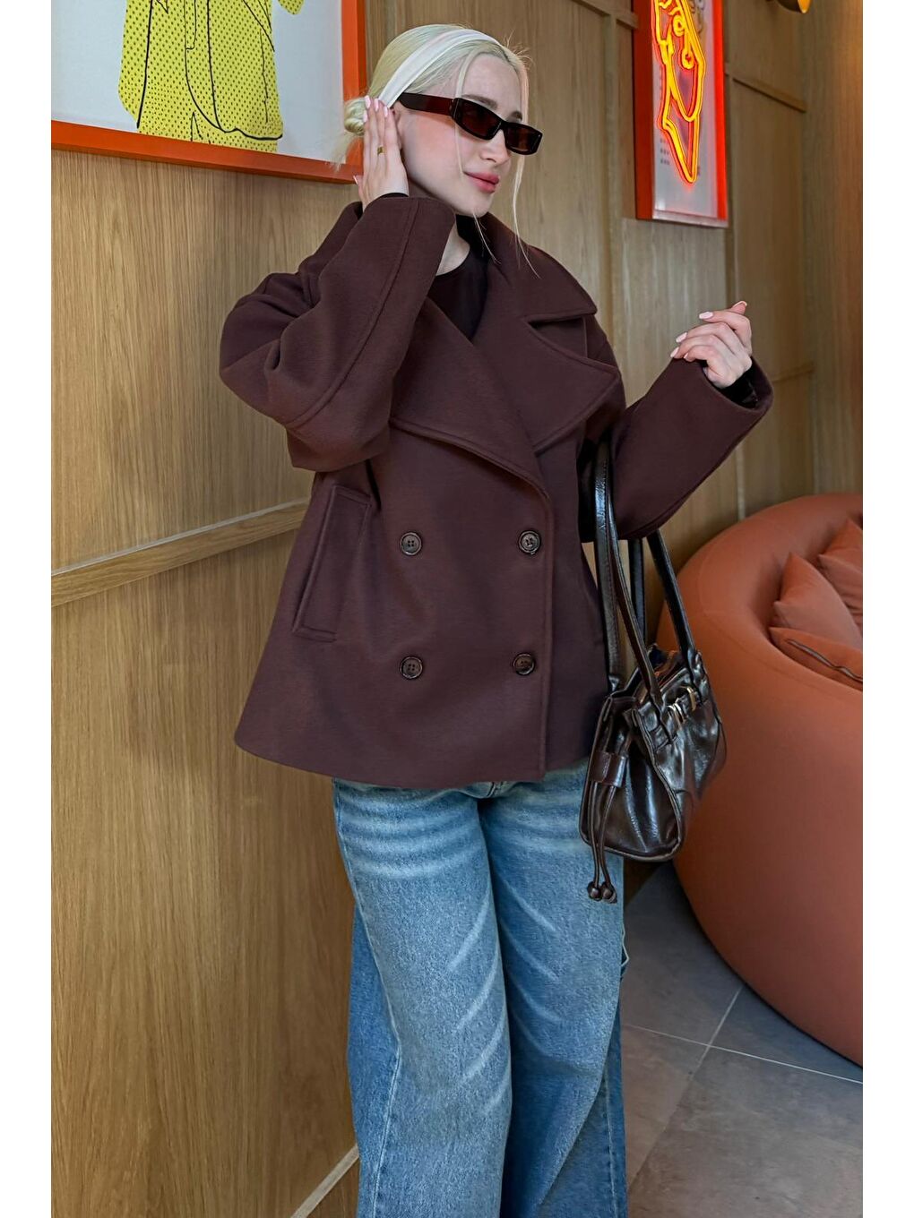 Kahverengi Kısa Kaşe Kadın Kaban Mg2544-9