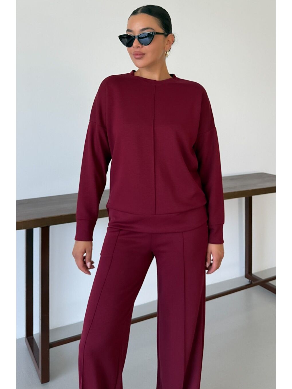 Kadın Bordo Düz Biye Detay Bisiklet Yaka Modal Kumaş Alt-Üst Eşofman Takımı-5