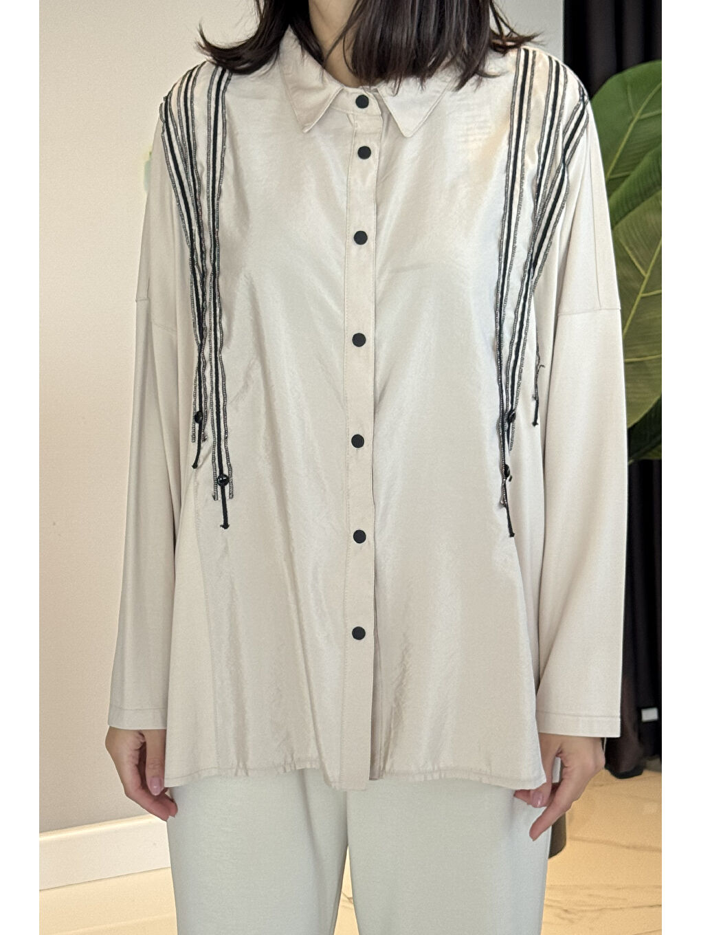 Bej Önü Dikiş Detaylı Bambu Tunik Çıtçıtlı Gömlek 5171 Taş-3