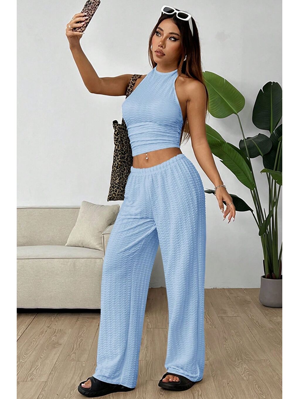 Bebe Mavisi Örme Kolsuz Sırtı Açık Bel Dar Bluz Pantolon Takım-1