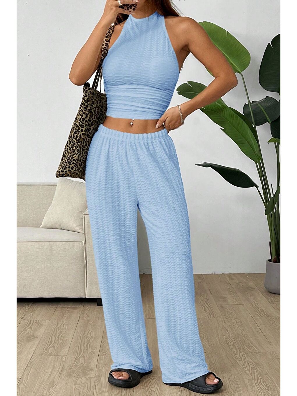 Bebe Mavisi Örme Kolsuz Sırtı Açık Bel Dar Bluz Pantolon Takım-2