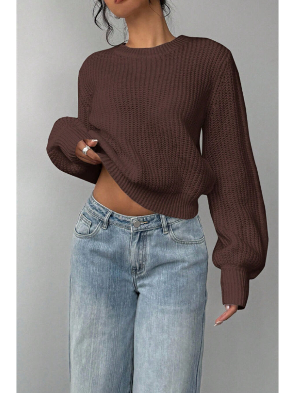 Kadın Kahverengi Oversize Bisiklet Yaka Balon Kol Fitilli Triko Kazak-1