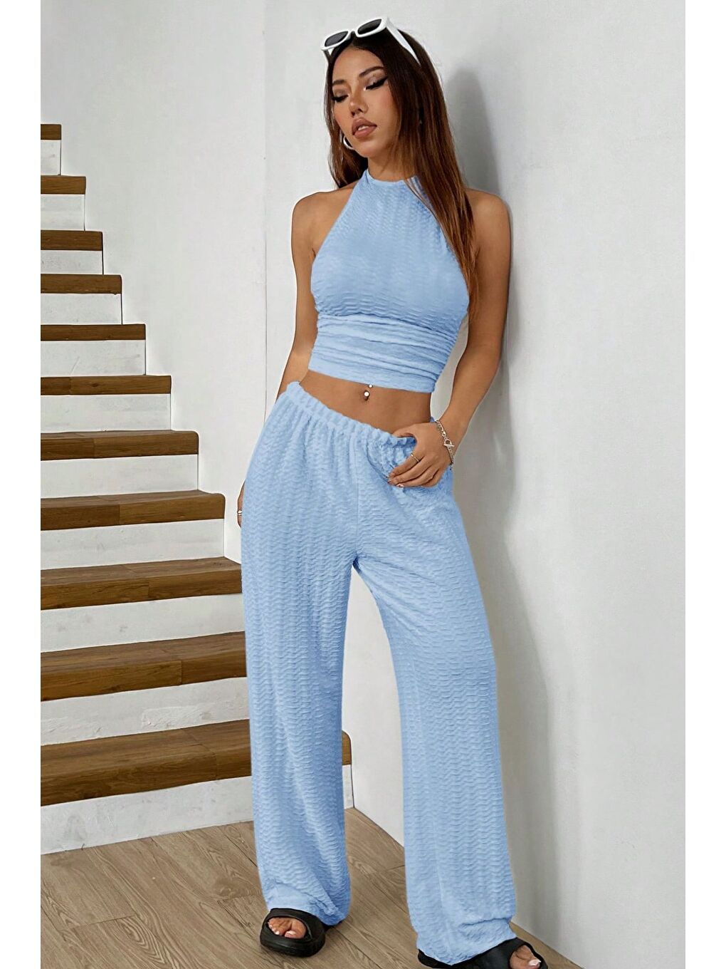 Bebe Mavisi Örme Kolsuz Sırtı Açık Bel Dar Bluz Pantolon Takım-3