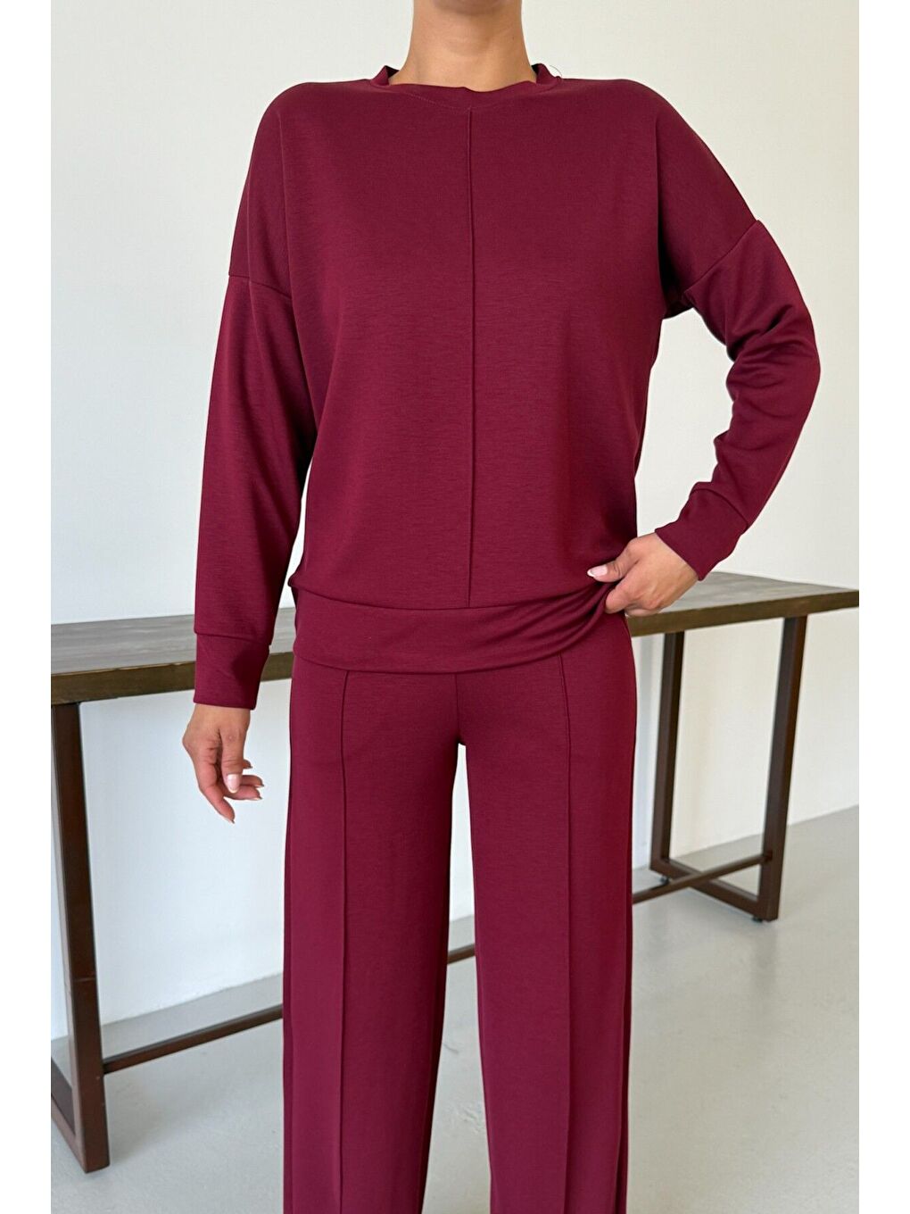 Kadın Bordo Düz Biye Detay Bisiklet Yaka Modal Kumaş Alt-Üst Eşofman Takımı-6