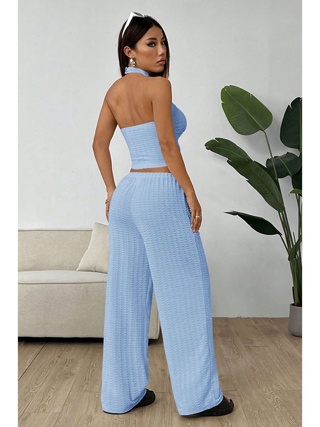 Bebe Mavisi Örme Kolsuz Sırtı Açık Bel Dar Bluz Pantolon Takım-5