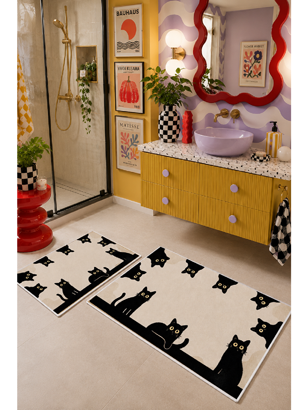 Bej Siyah Kedi Desenli Kaymaz Taban Banyo Paspası 2’li Set-4