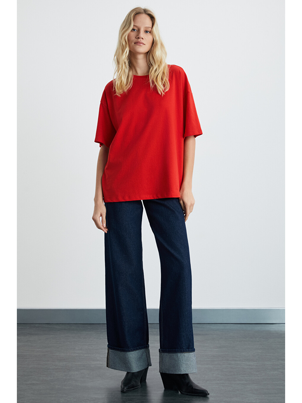 Kırmızı LAGERTHA Kadın %100 organik Pamuklu Kalın Dokulu Oversize Fit Yuvarlak Yakalı KIRMIZI T-Shirt-3