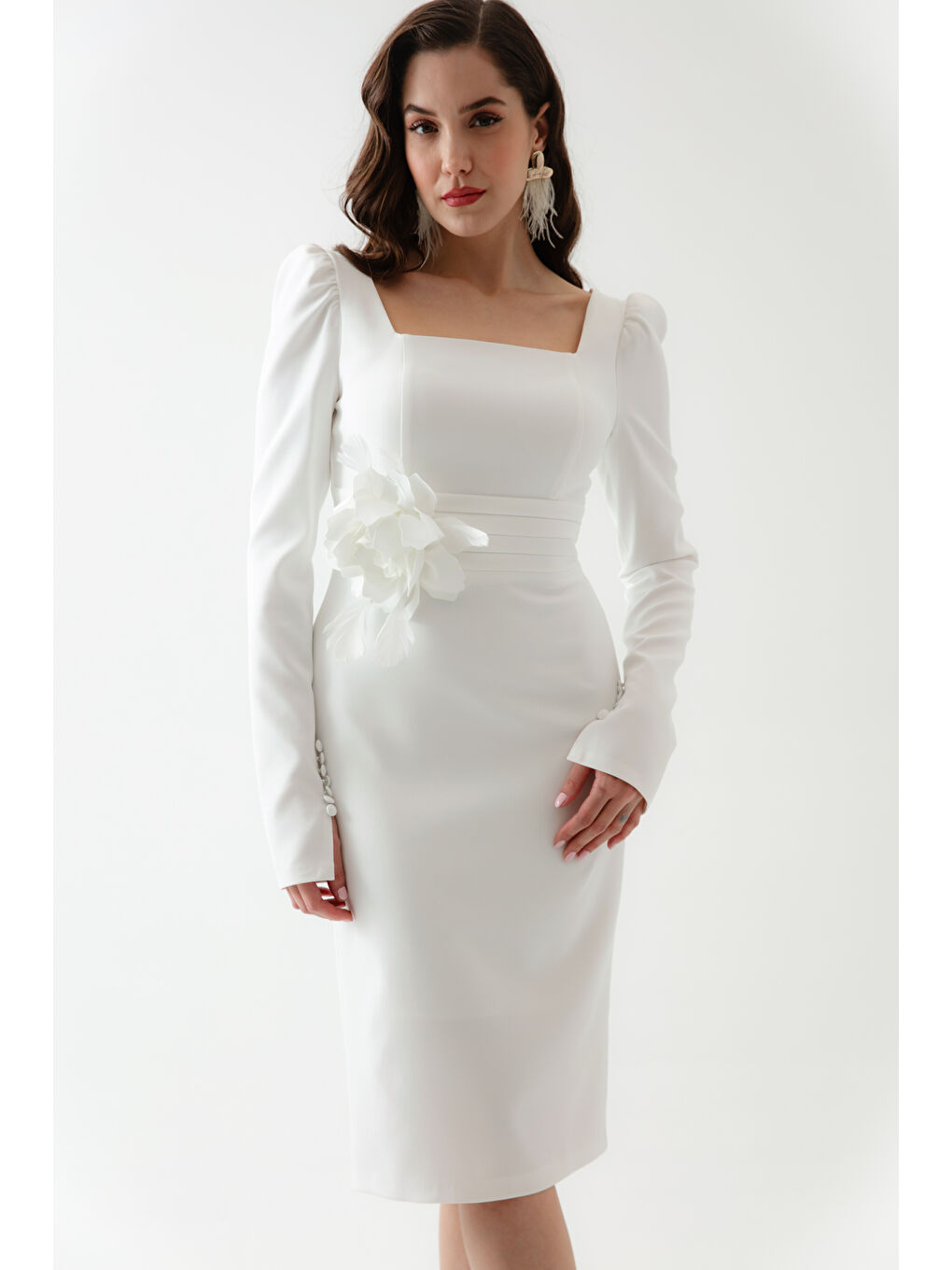 Kadın Beyaz Gül Detaylı Uzun Kol Söz Nişan Nikah Abiye Elbise-2