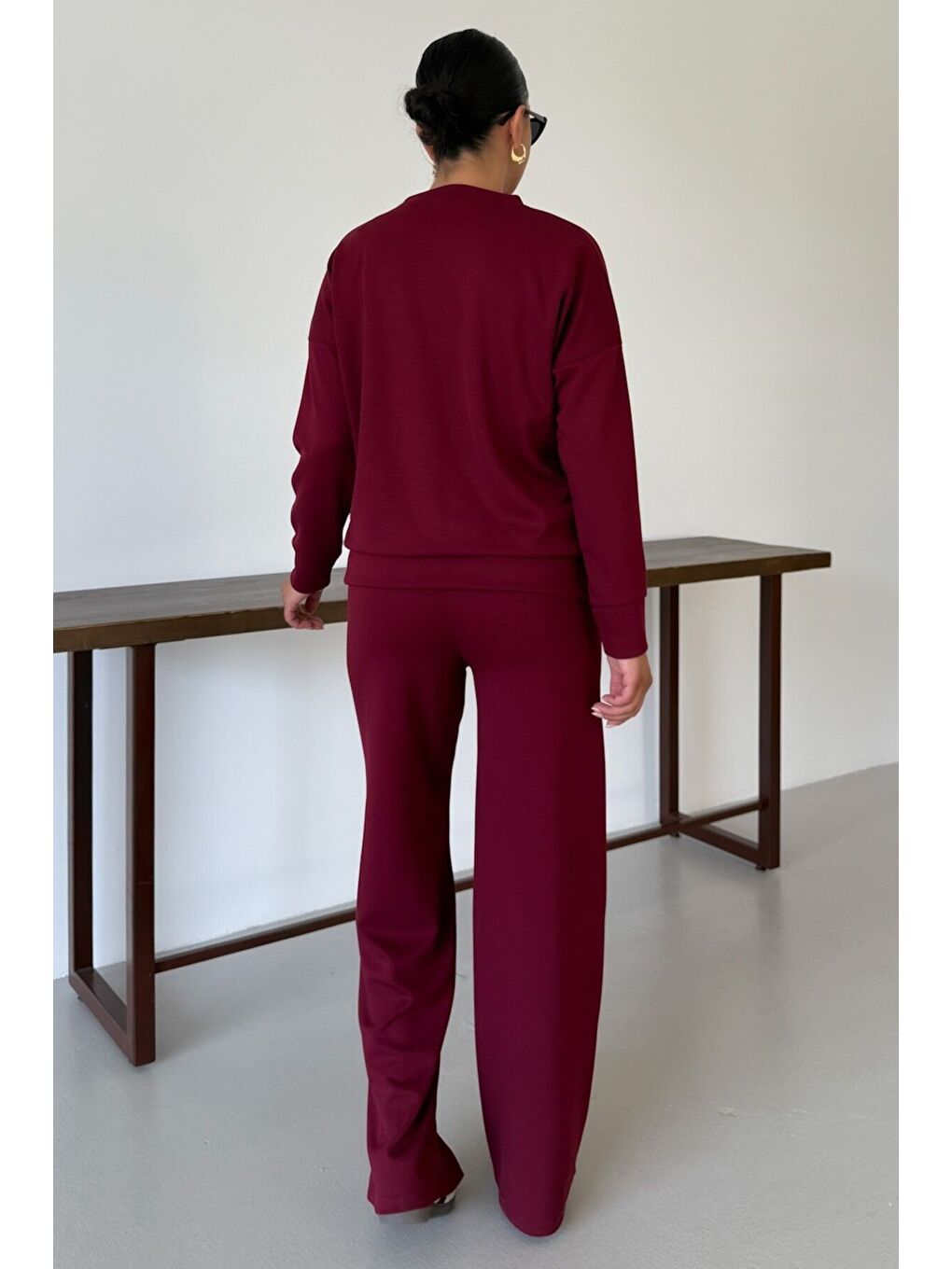 Kadın Bordo Düz Biye Detay Bisiklet Yaka Modal Kumaş Alt-Üst Eşofman Takımı-7