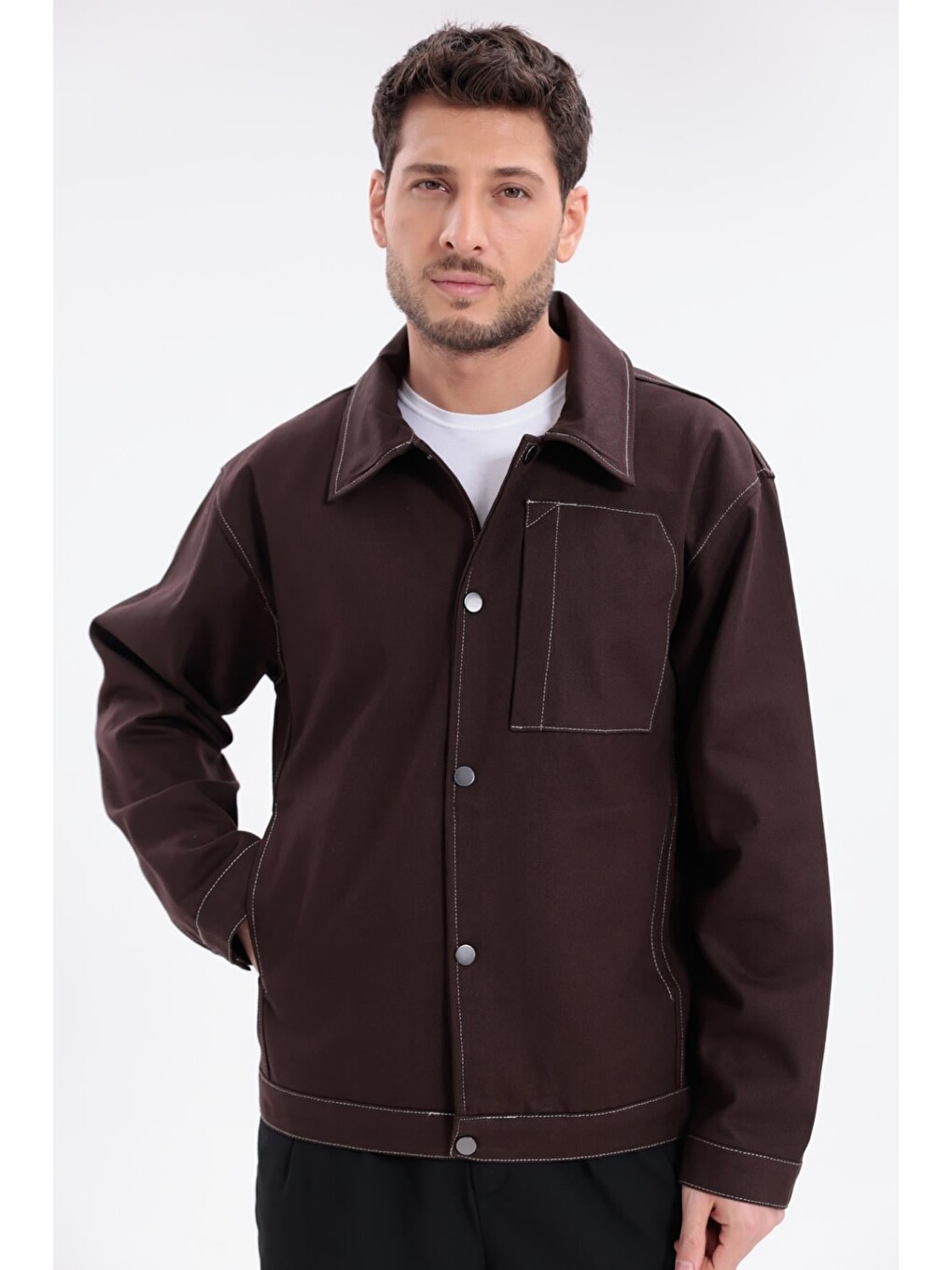 Kahverengi Erkek Dikiş Detaylı Oversize Gabardin Ceket - Mont-1