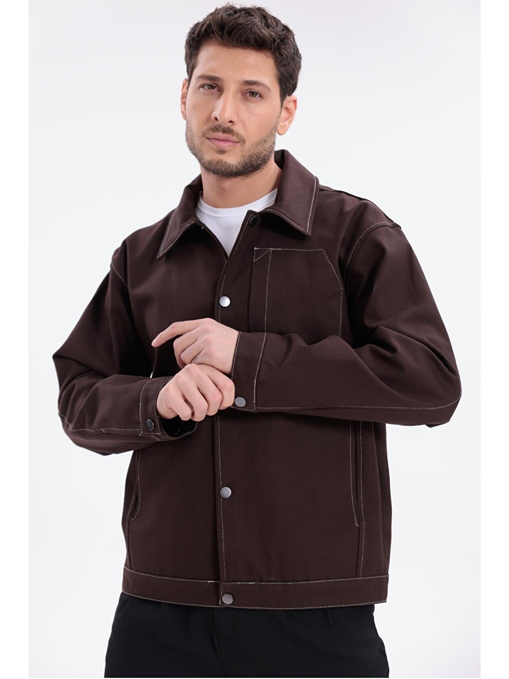 Kahverengi Erkek Dikiş Detaylı Oversize Gabardin Ceket - Mont-2