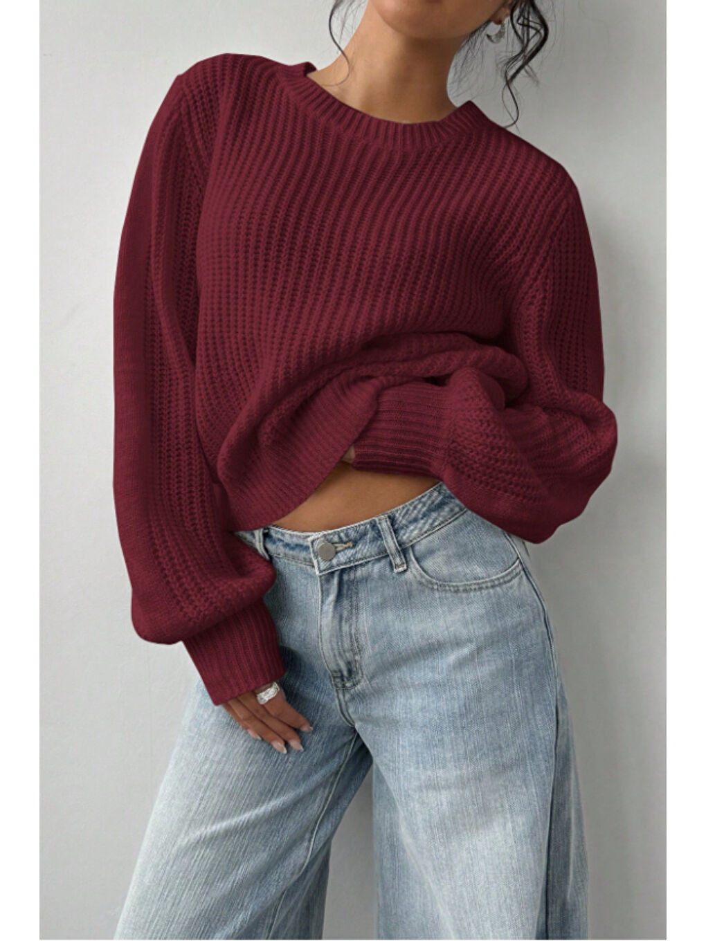 Kadın Bordo Oversize Bisiklet Yaka Balon Kol Fitilli Triko Kazak-1