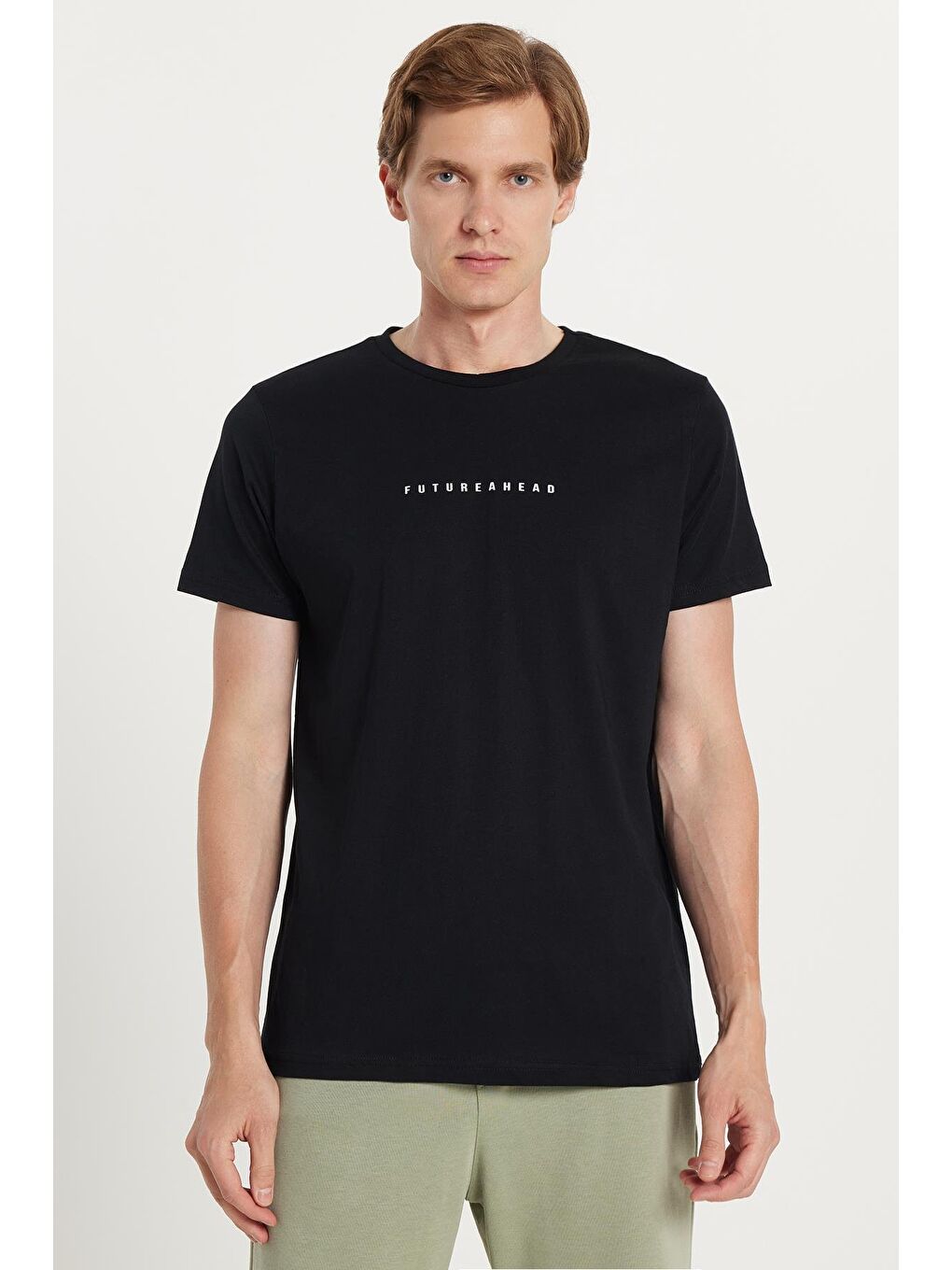 Erkek Slim Fit Dar Kesim %100 Pamuk Yumuşak Dokulu Baskılı Siyah Bisiklet Yaka Tişört