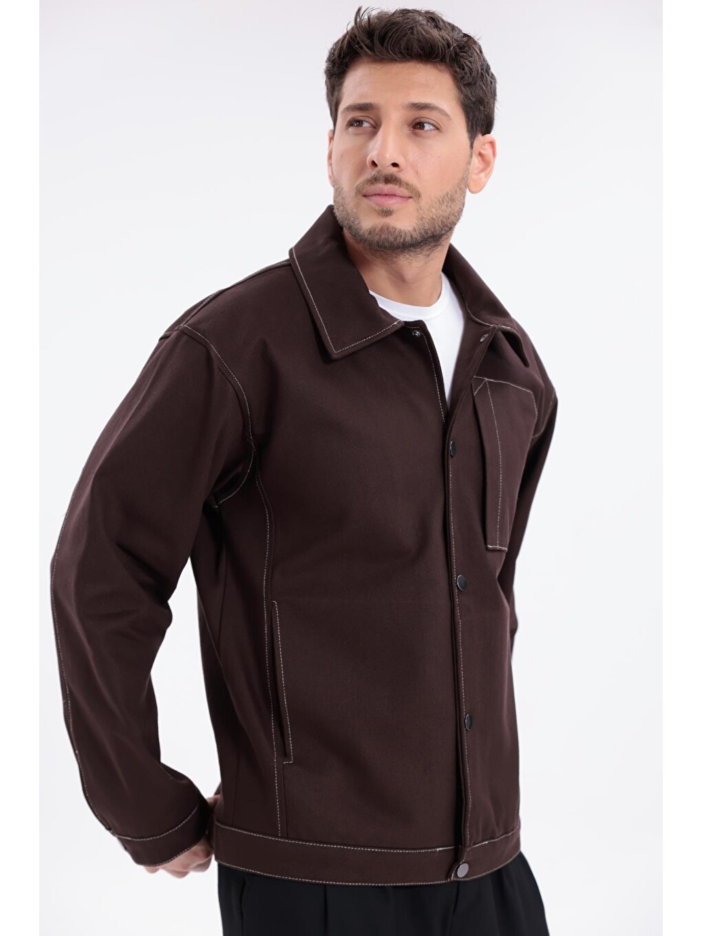 Kahverengi Erkek Dikiş Detaylı Oversize Gabardin Ceket - Mont-3