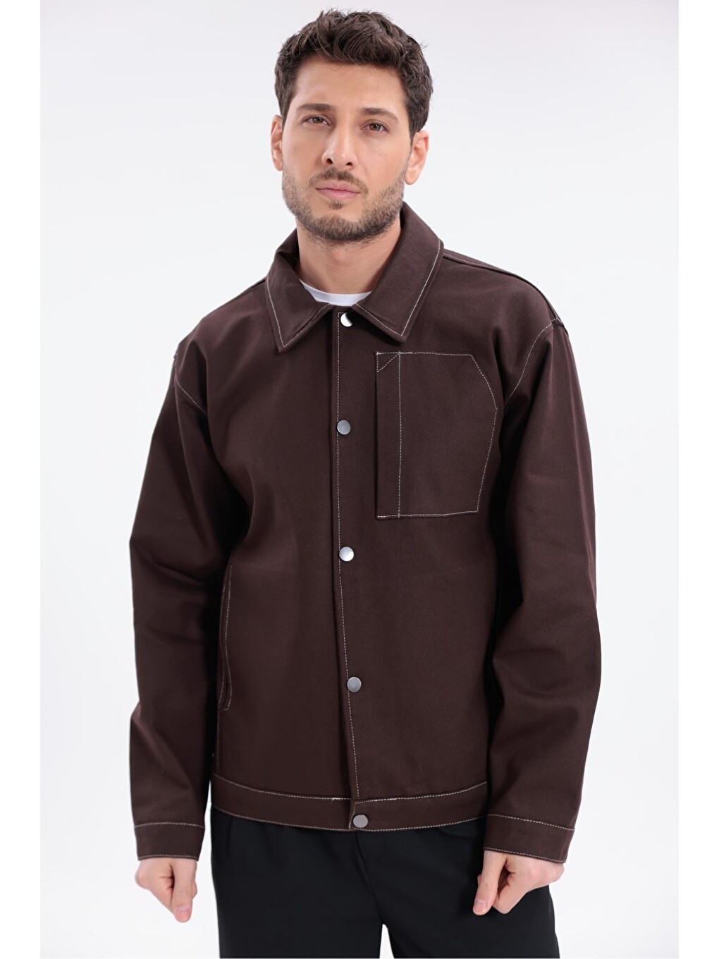 Kahverengi Erkek Dikiş Detaylı Oversize Gabardin Ceket - Mont-4