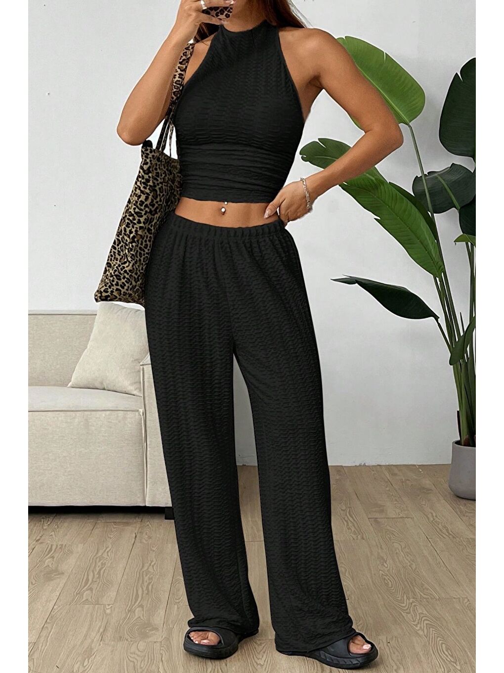 Siyah Örme Kolsuz Sırtı Açık Bel Dar Bluz Pantolon Takım-3