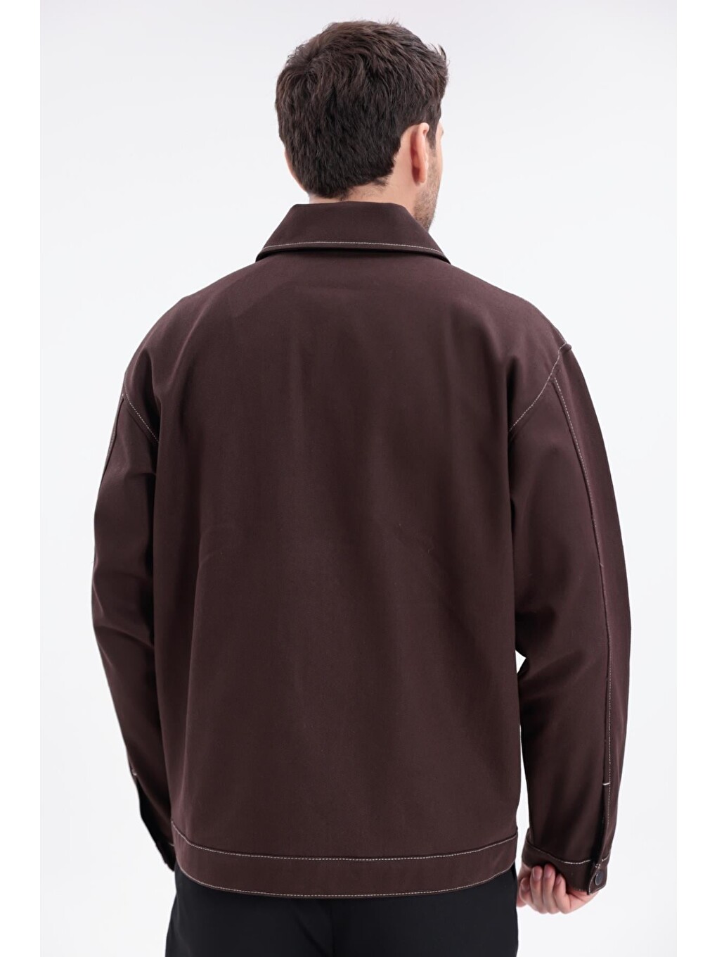 Kahverengi Erkek Dikiş Detaylı Oversize Gabardin Ceket - Mont-5