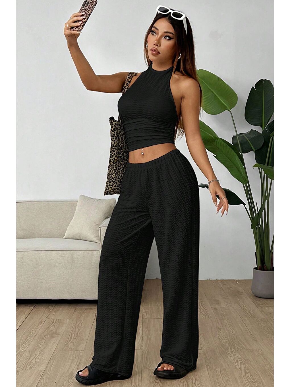 Siyah Örme Kolsuz Sırtı Açık Bel Dar Bluz Pantolon Takım-5