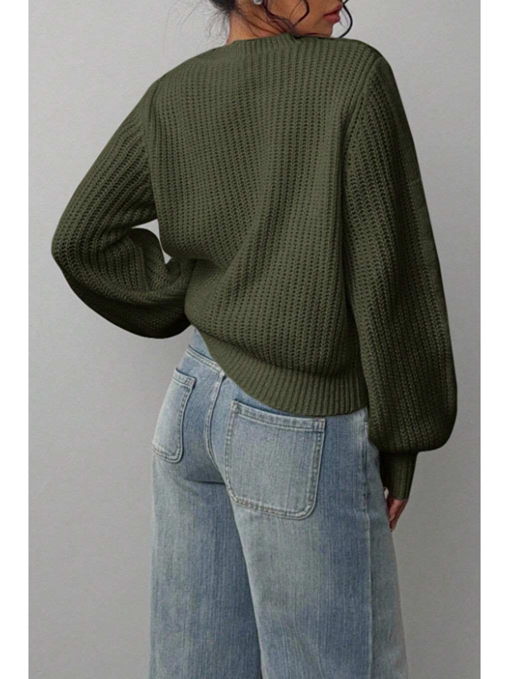 Kadın Haki Oversize Bisiklet Yaka Balon Kol Fitilli Triko Kazak-4