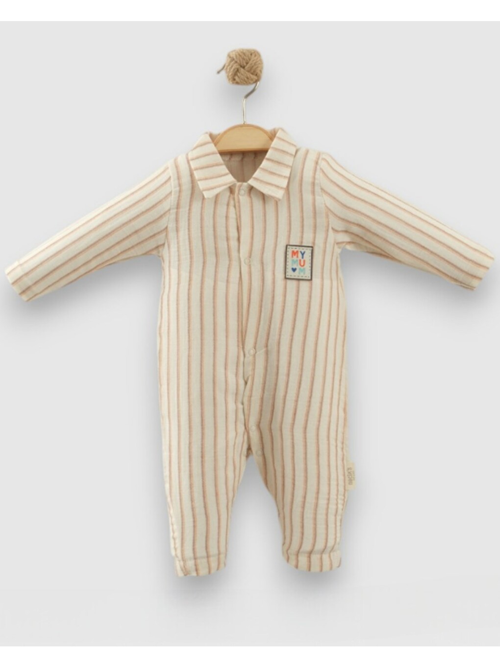 Ekru Erkek Bebek Çizgili Müslin Bebek Tulumu Yazlık