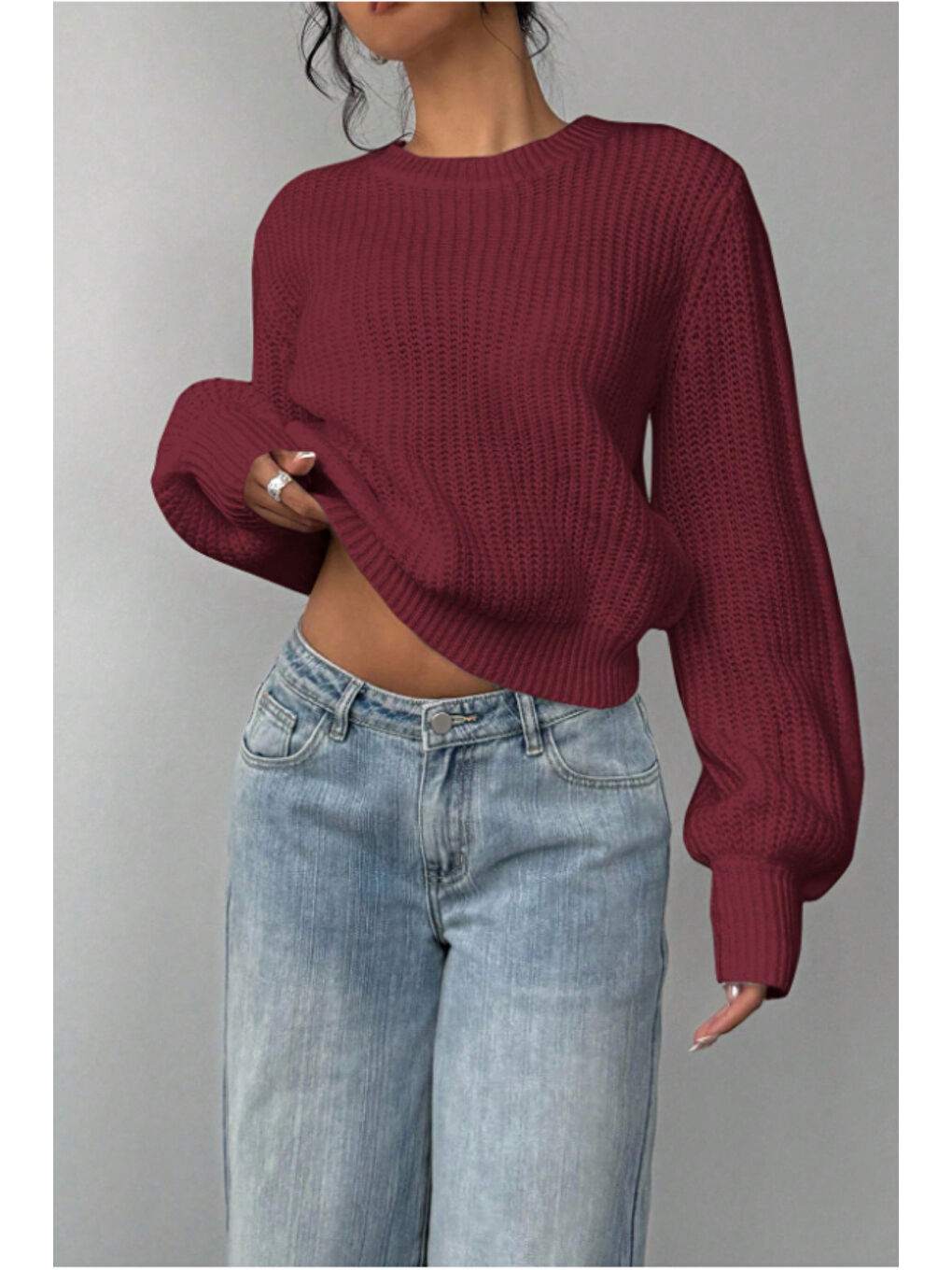 Kadın Bordo Oversize Bisiklet Yaka Balon Kol Fitilli Triko Kazak-2
