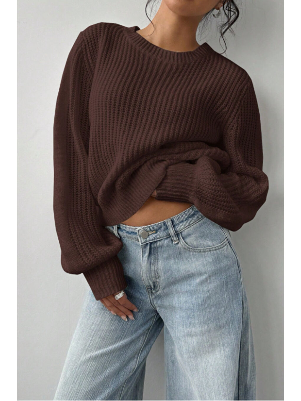 Kadın Kahverengi Oversize Bisiklet Yaka Balon Kol Fitilli Triko Kazak-3